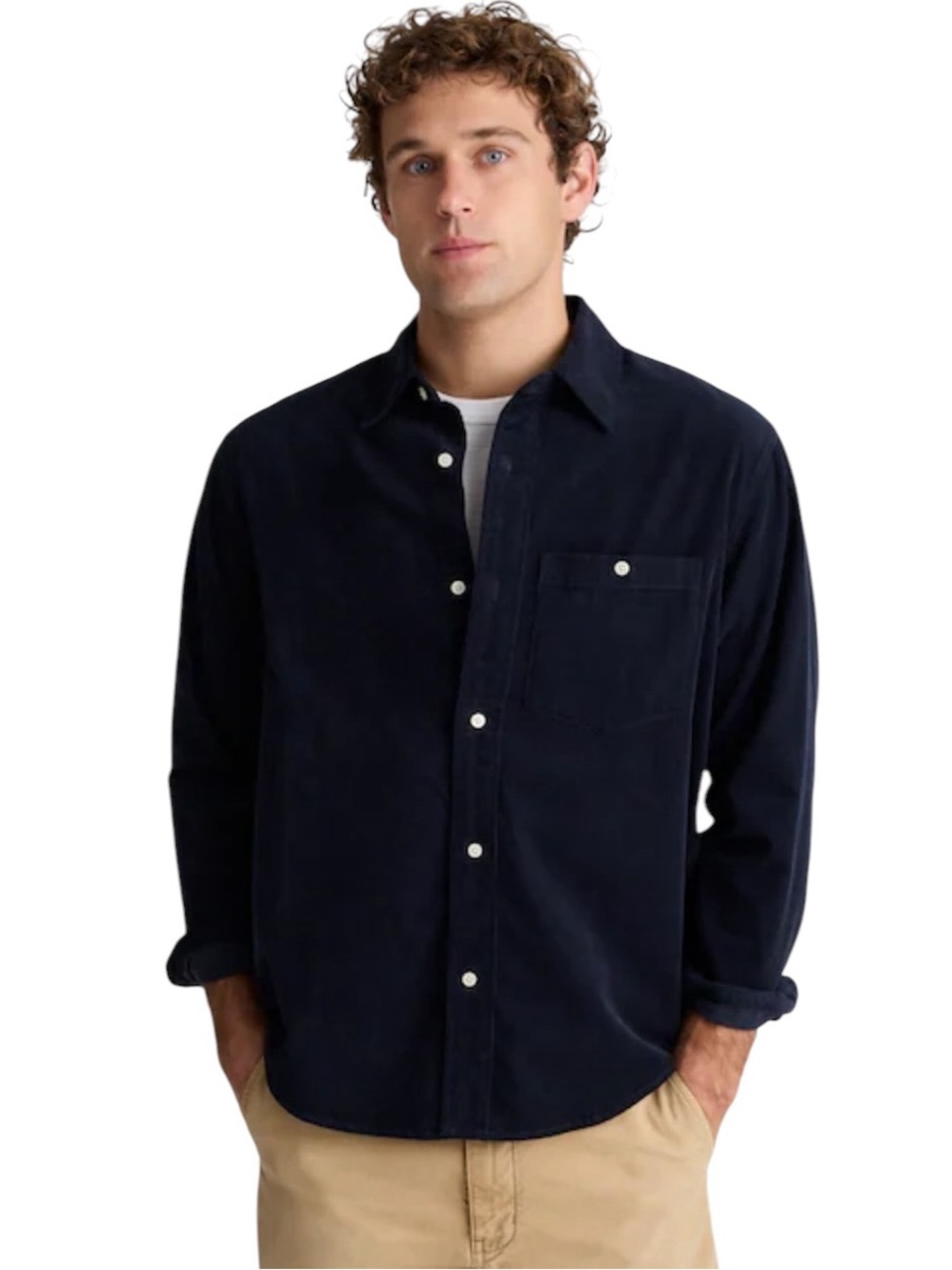 Madewell Men's Button-Up Shirt in Fine-Wale Corduroy Navy Blue Preppy Size Large